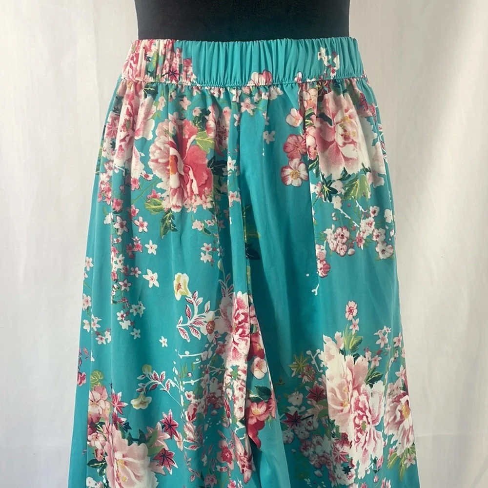Cherry Blossom turquoise,blue Kimono high waisted wide leg pants,small,floral - Picture 5 of 13